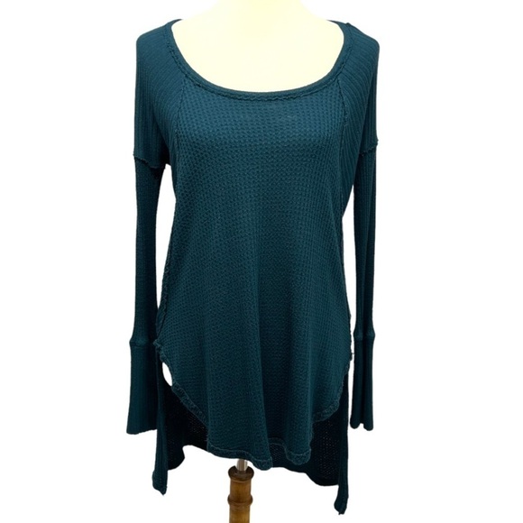 Free People Ventura Dippy Green Thermal Waffle Knit Tunic Top - Picture 3 of 13